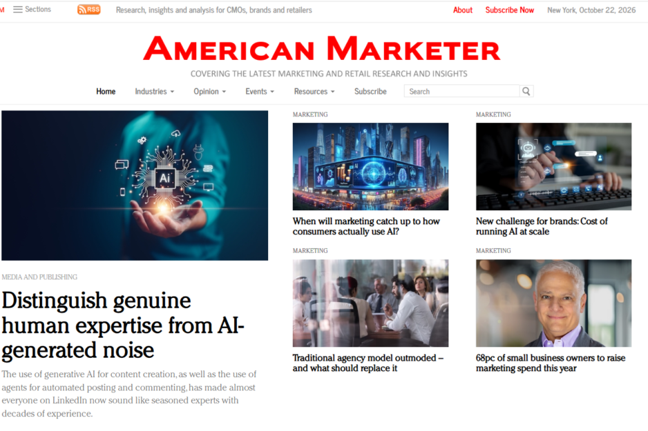Thinkers360 Founder Nicholas Evans Published in American Marketer on Distinguishing Human Expertise from AI-Generated Noise Thinkers360 Founder Nicholas Evans Published in American Marketer on Distinguishing Human Expertise from AI-Generated Noise